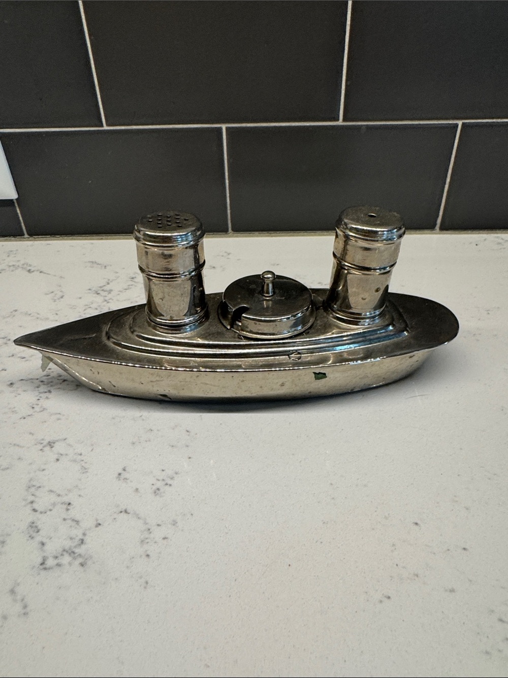 Vintage Silver Boat-Shaped Vanity Tray with Salt, Pepper & Toothpick Holder